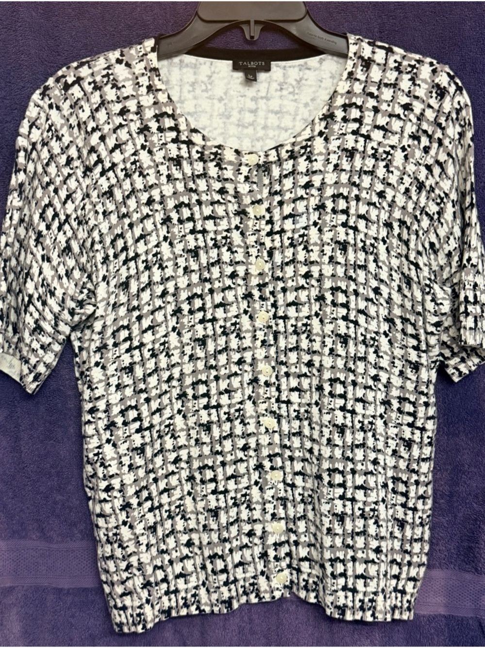Talbots Black and White Knit Top with Button Placket